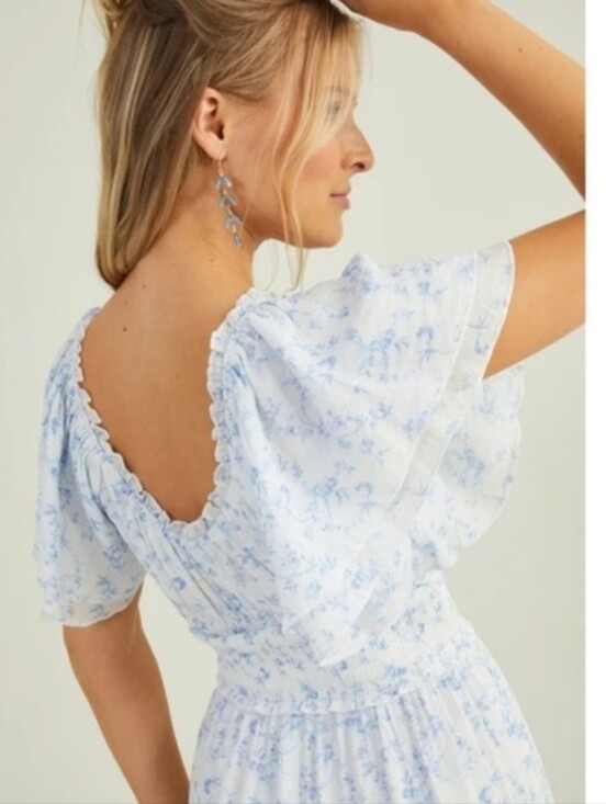 Altar'd State Dresses & Skirts - Light Blue Floral Midi Dress with Ruffle Sleeves